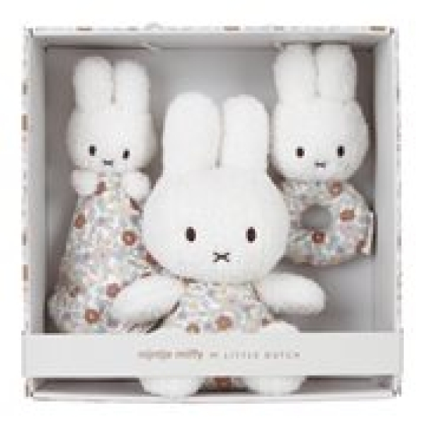 Stofftier Miffy mit Rassel und Schmusetuch Hase niedliches Blumendesign