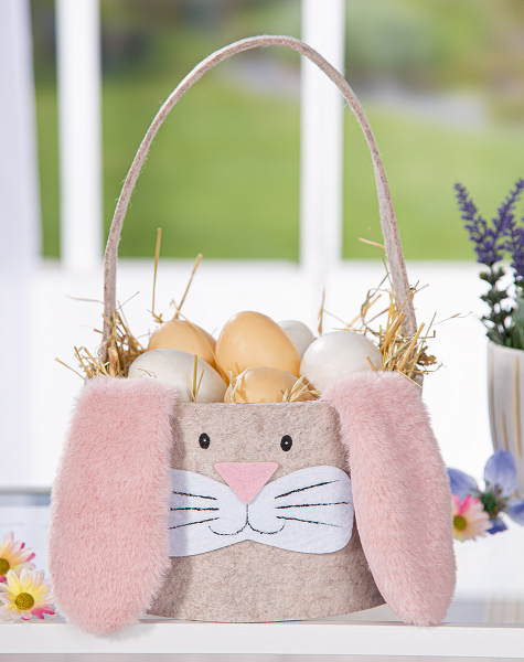 Osterkörbchen aus Filz – Hasengesicht mit rosa Plüschohren, Osternest