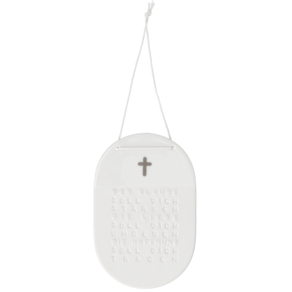 Porcelain Sign "Faith" – Decorative Pendant with Christian Blessing White/Silver 12x8 cm