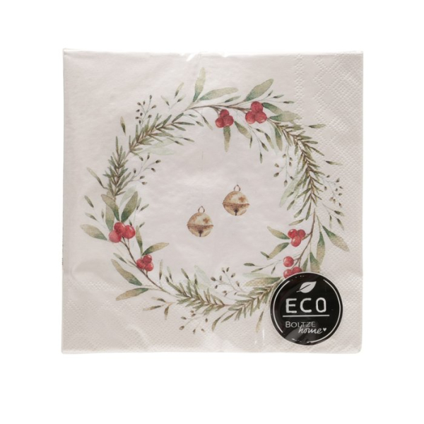 Papierservietten „Norway“ (20 Stück, 33 x 33 cm)  Weihnachtsservietten mit floralem Kranz & Glöckchen für die Festtafel im Advent