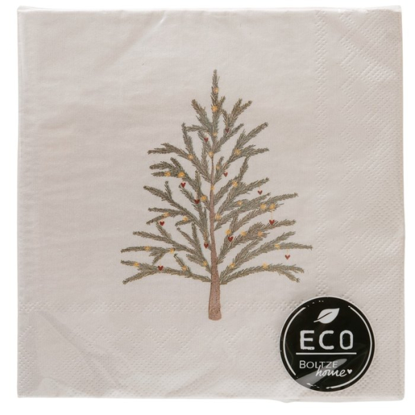 Papierservietten „Trello“ (20 Stück, 33 x 33 cm) – Weihnachtsservietten in Cremeweiß mit gemaltem Tannenbaum-Motiv
