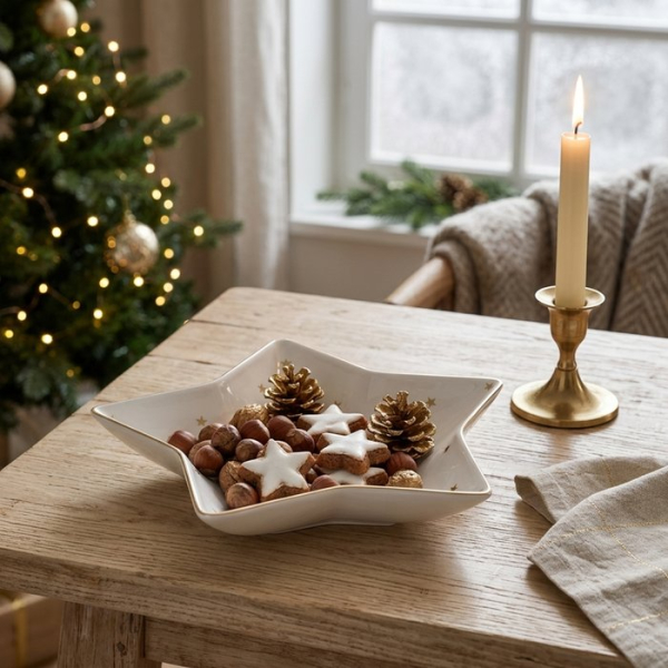 Sternschale „Stella“ 600 ml aus New Bone China – Edle Keksschale in Sternform mit Goldstern-Dekor & Goldrand