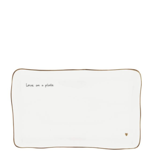 Bastion Collections Sushiteller „Love on a Plate“ 22x14 cm – Rechteckiger Porzellanteller mit braunem Rand & Herz