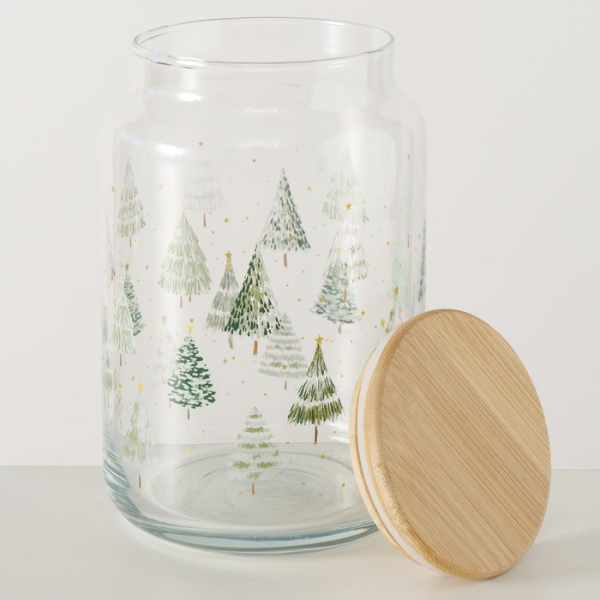 Vorratsglas „Trimas“ 890 ml – Große Keksdose aus Glas mit Bambusdeckel & Tannenbaum-Motiv