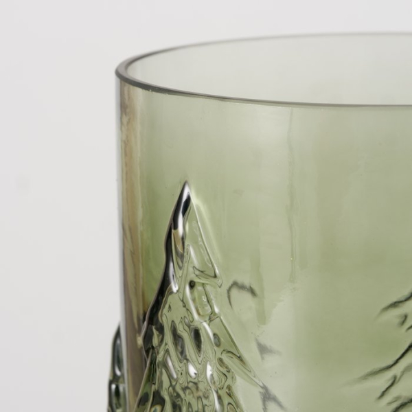 Glas-Windlicht „Tanny“ – Grünes Kerzenglas mit Tannen-Relief