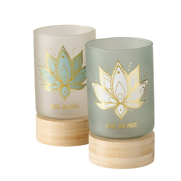Boltze Windlicht Bali – Edles Glas-Windlicht mit Bambus-Sockel & Lotus-Motiv 15,5 cm