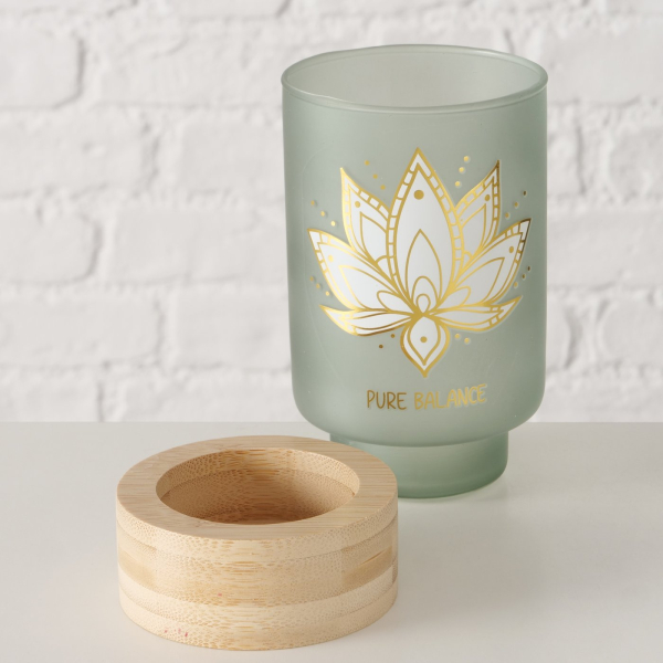 Boltze Windlicht Bali – Edles Glas-Windlicht mit Bambus-Sockel & Lotus-Motiv 15,5 cm